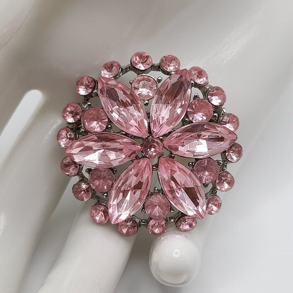 Vintage Pink Rhinestone Floral Brooch, Silver Tone Back, 1 3/8 Inches